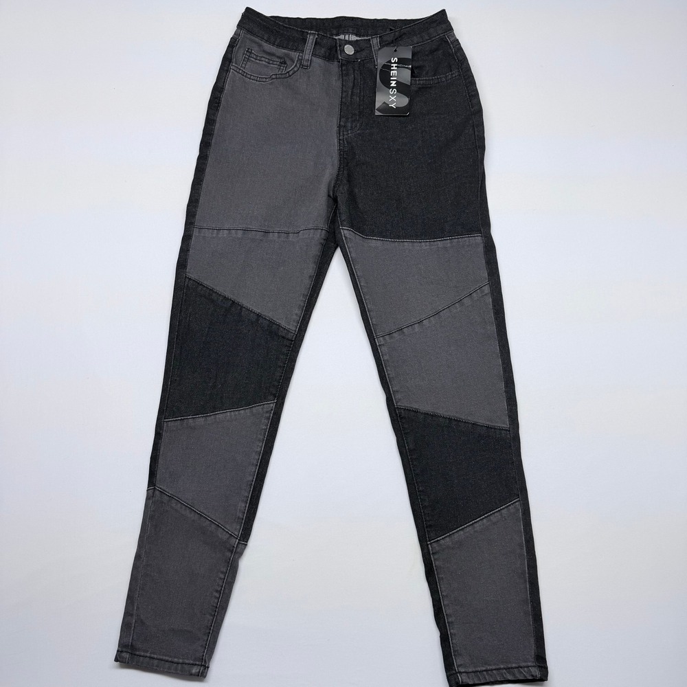 🔴 SHEIN SXY Black Grey Patchwork High Waisted Skinny Jeans Mens Size 26